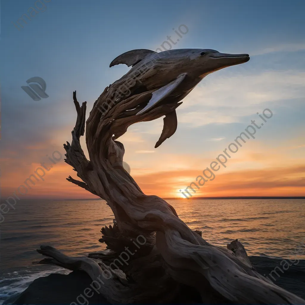 Leap of a dolphin sculpture made of driftwood against a sunset, reflecting Giacometti