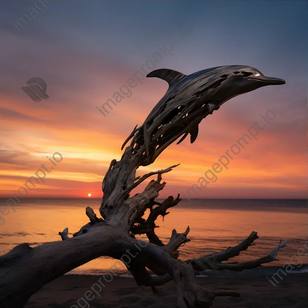 Leap of a dolphin sculpture made of driftwood against a sunset, reflecting Giacometti