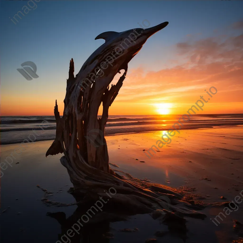 Leap of a dolphin sculpture made of driftwood against a sunset, reflecting Giacometti