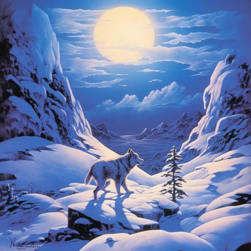 Lone wolf howling under a full moon in a snowy landscape in an image generated by a prompt. - Image 1