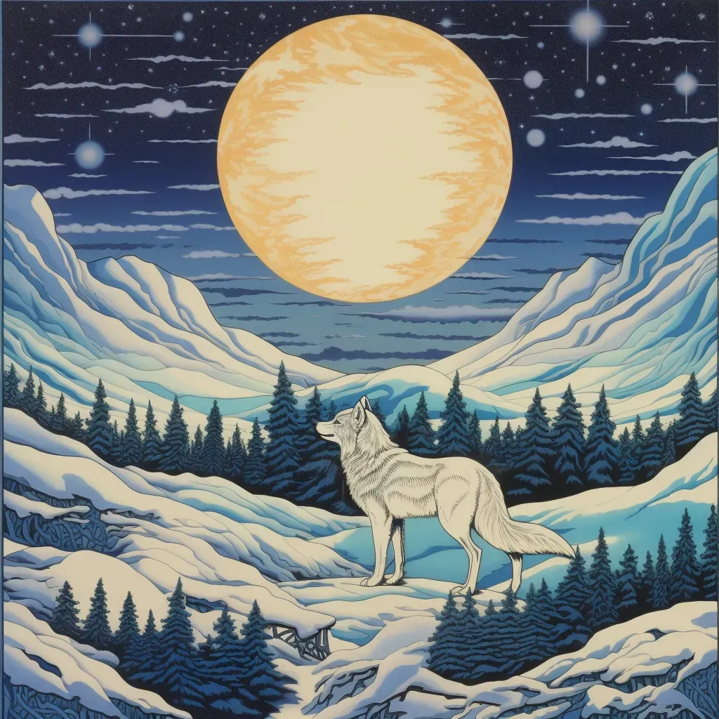 Lone wolf howling under a full moon in a snowy landscape in an image generated by a prompt. - Image 3