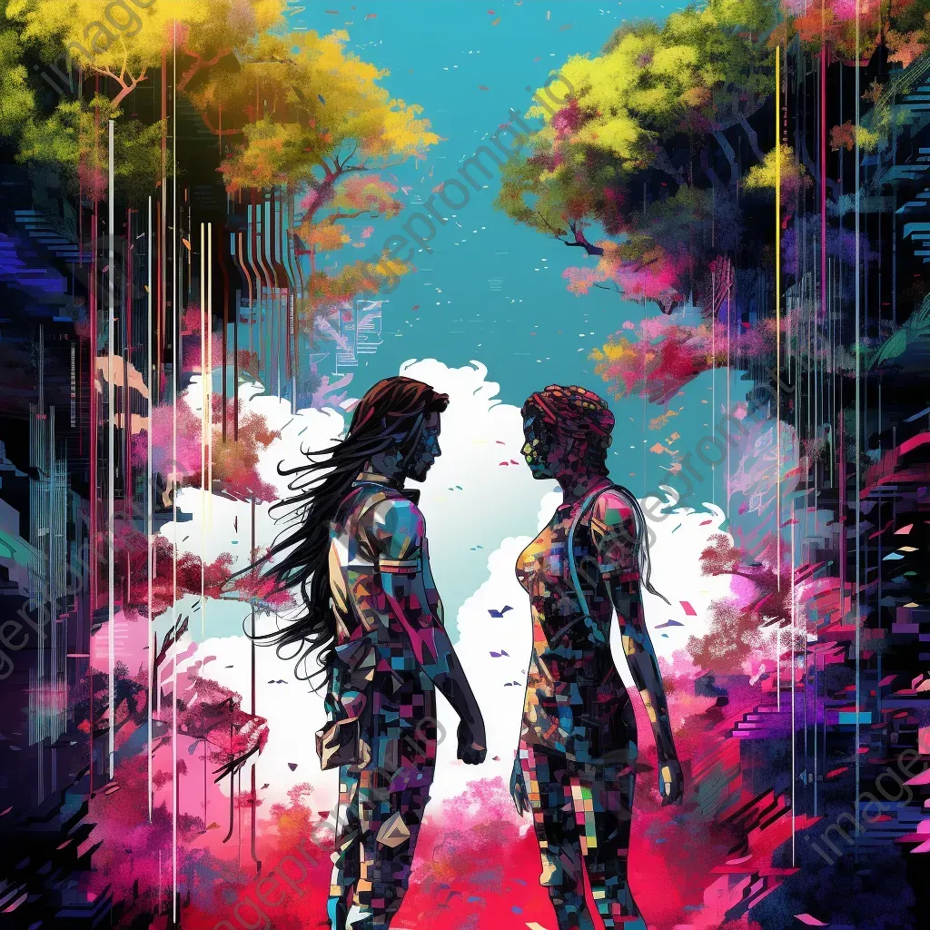 Contemporary digital artwork of Apollo and Daphne with vibrant cyberpunk influences - Image 3