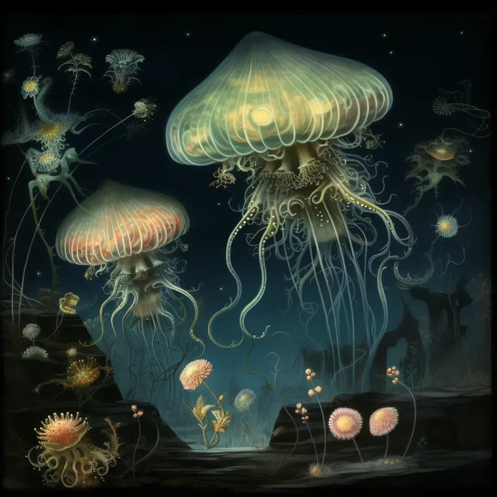 Bioluminescent flora and fauna in deep ocean darkness - Image 1