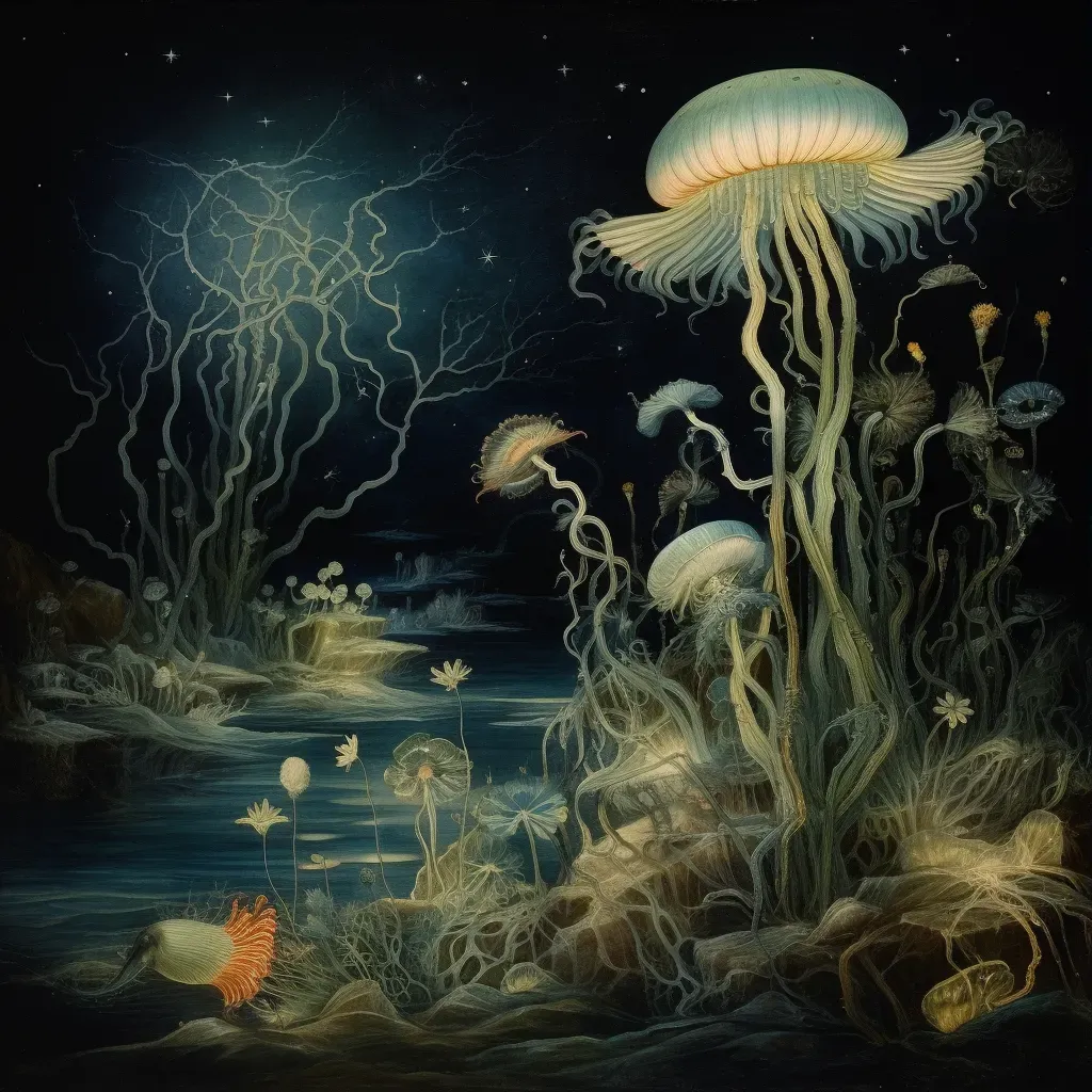 Bioluminescent flora and fauna in deep ocean darkness - Image 3