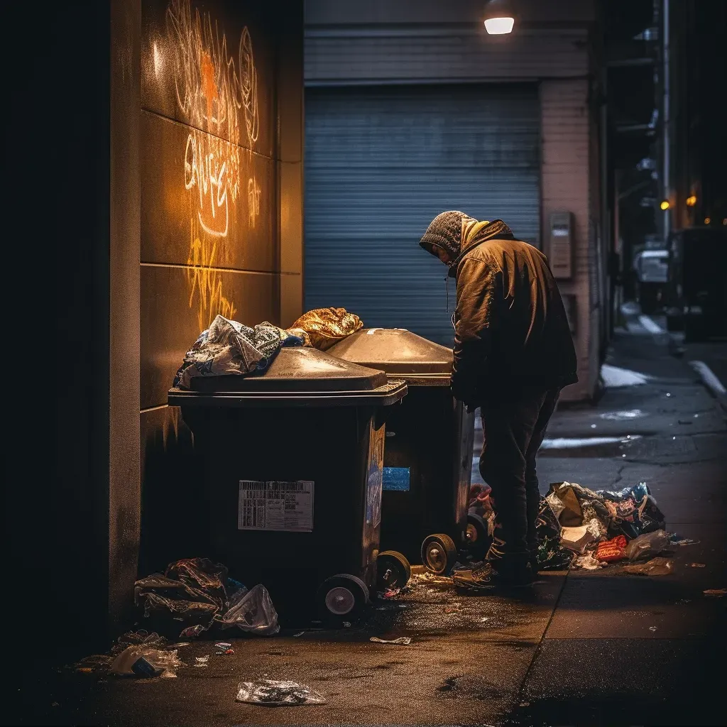 Homeless person searching through garbage in urban setting - Image 1