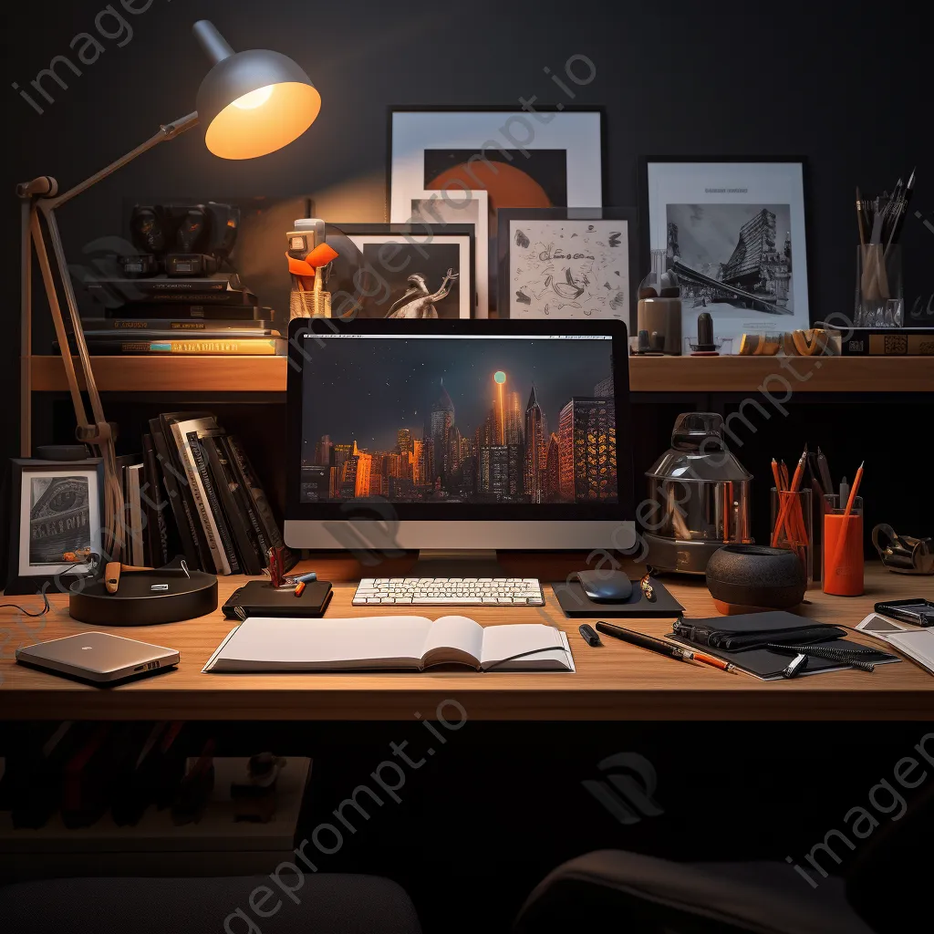 Modern office supplies arranged on a sleek black desk in warm light - Image 1