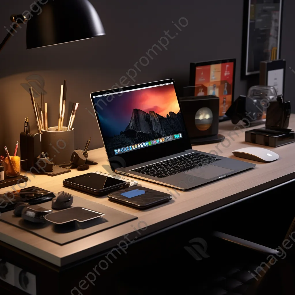 Modern office supplies arranged on a sleek black desk in warm light - Image 2