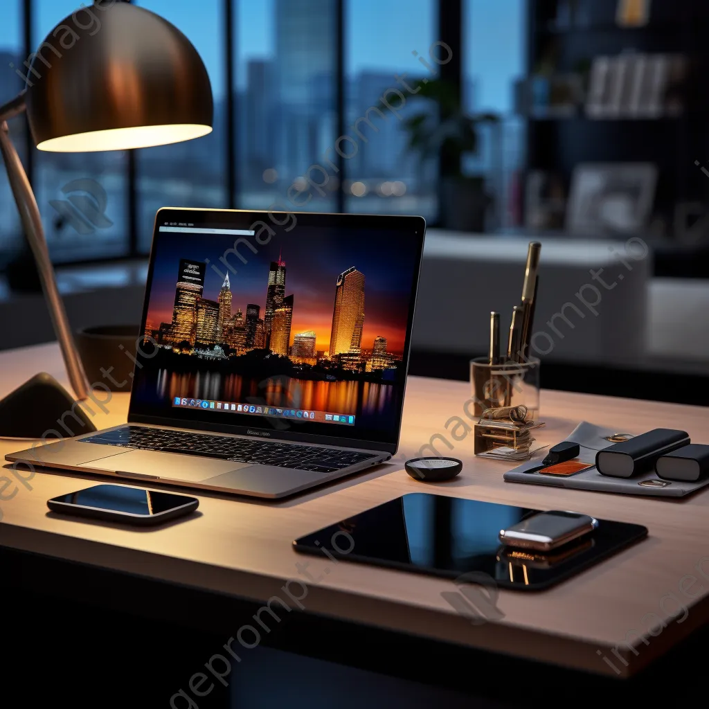 Modern office supplies arranged on a sleek black desk in warm light - Image 3