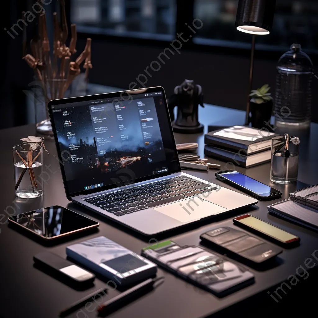 Modern office supplies arranged on a sleek black desk in warm light - Image 4