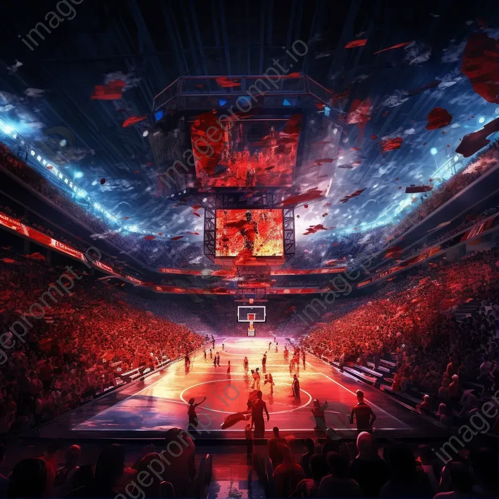 Basketball court activity with players and fans under stadium lights - Image 1