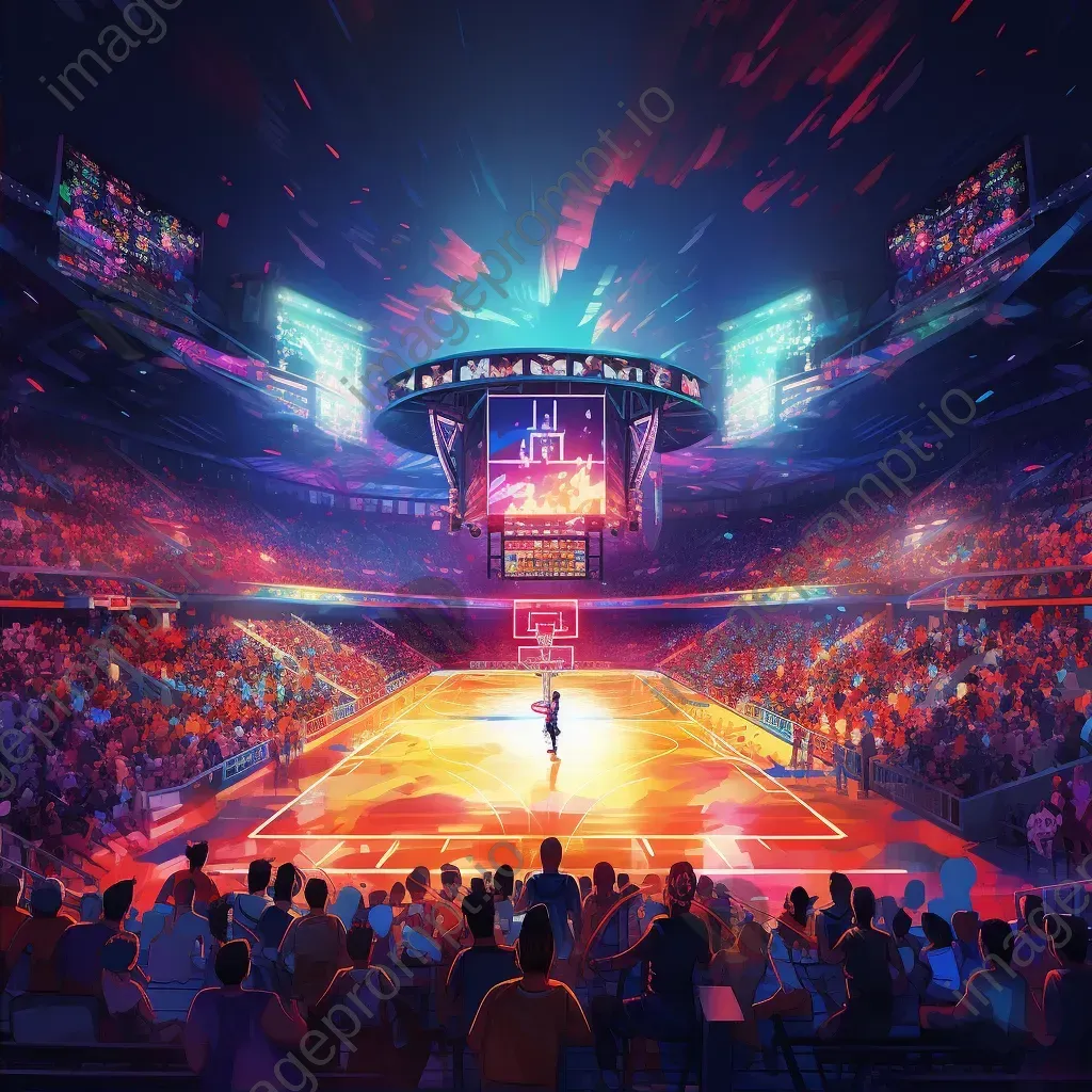 Basketball court activity with players and fans under stadium lights - Image 2