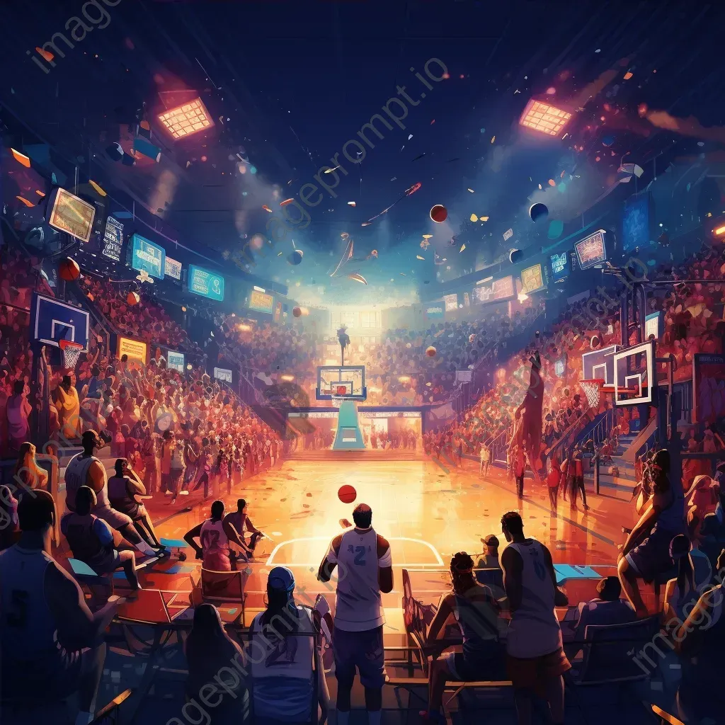 Basketball court activity with players and fans under stadium lights - Image 4