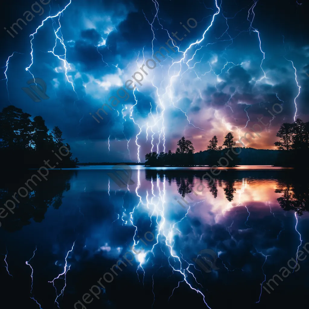 Lightning illuminating the night sky above a serene lake. - Image 1