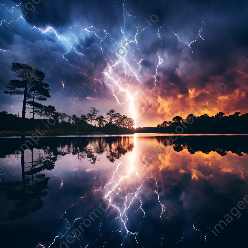 Lightning illuminating the night sky above a serene lake. - Image 2