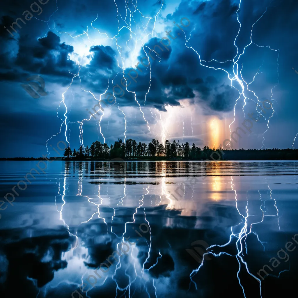 Lightning illuminating the night sky above a serene lake. - Image 3