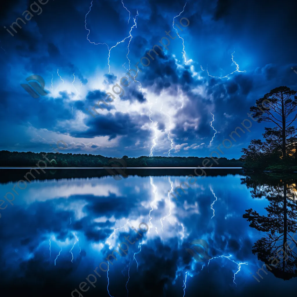 Lightning illuminating the night sky above a serene lake. - Image 4