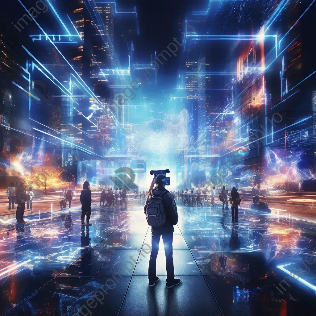 Dynamic artwork illustrating a bustling virtual reality metropolis, lit by Gaussian blur streetlights with motion blurred digital denizens - Image 1