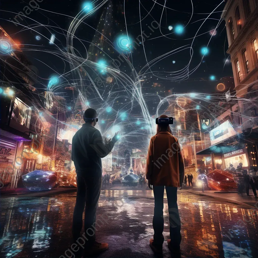 Dynamic artwork illustrating a bustling virtual reality metropolis, lit by Gaussian blur streetlights with motion blurred digital denizens - Image 2