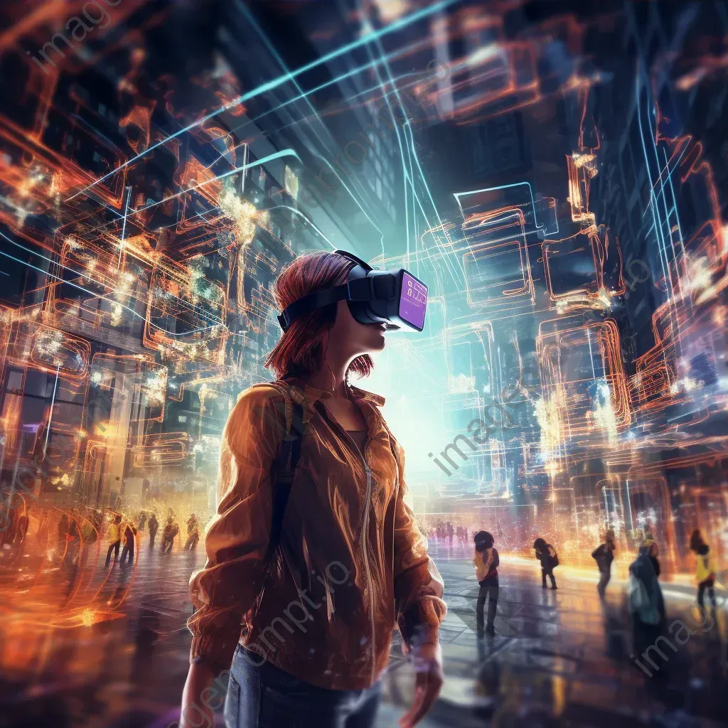 Dynamic artwork illustrating a bustling virtual reality metropolis, lit by Gaussian blur streetlights with motion blurred digital denizens - Image 3