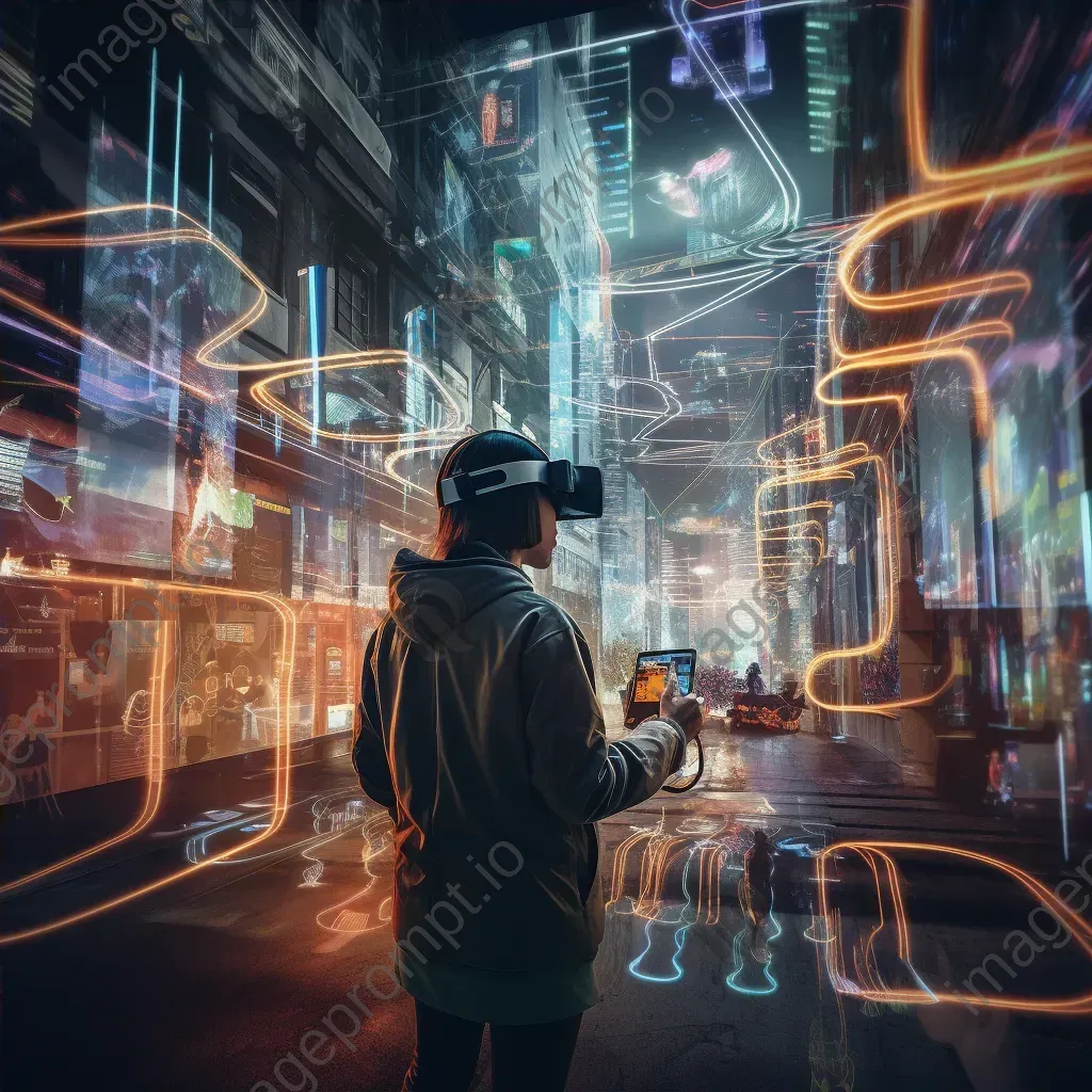 Dynamic artwork illustrating a bustling virtual reality metropolis, lit by Gaussian blur streetlights with motion blurred digital denizens - Image 4