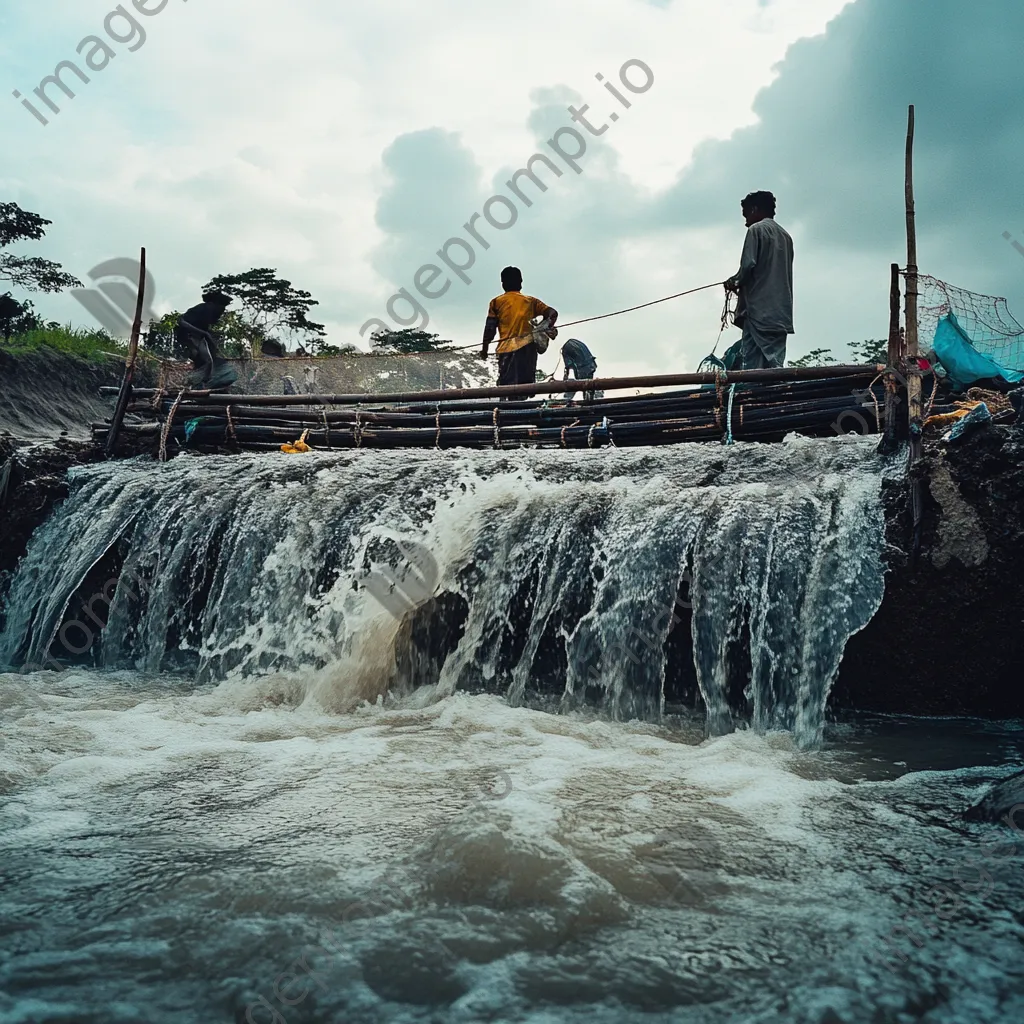 Fishermen using a traditional weir in a river - Image 1