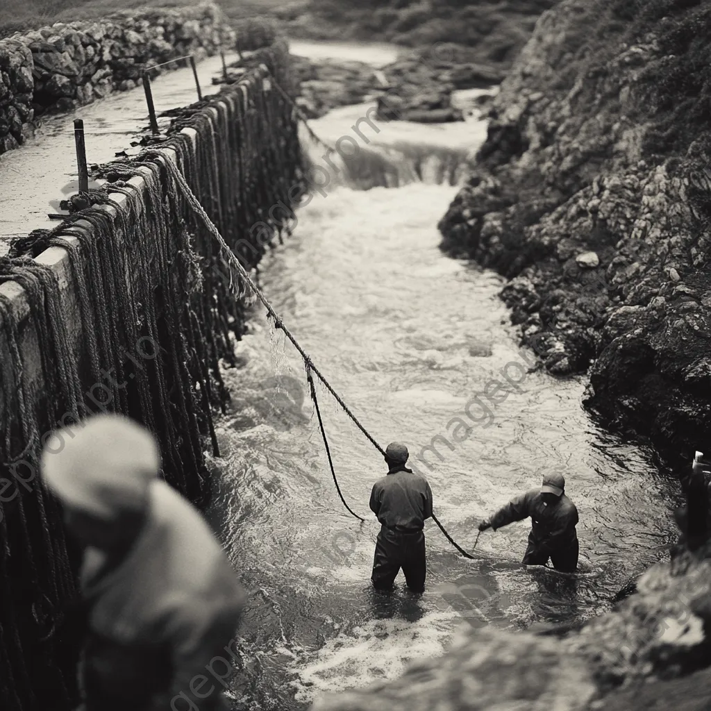 Fishermen using a traditional weir in a river - Image 3