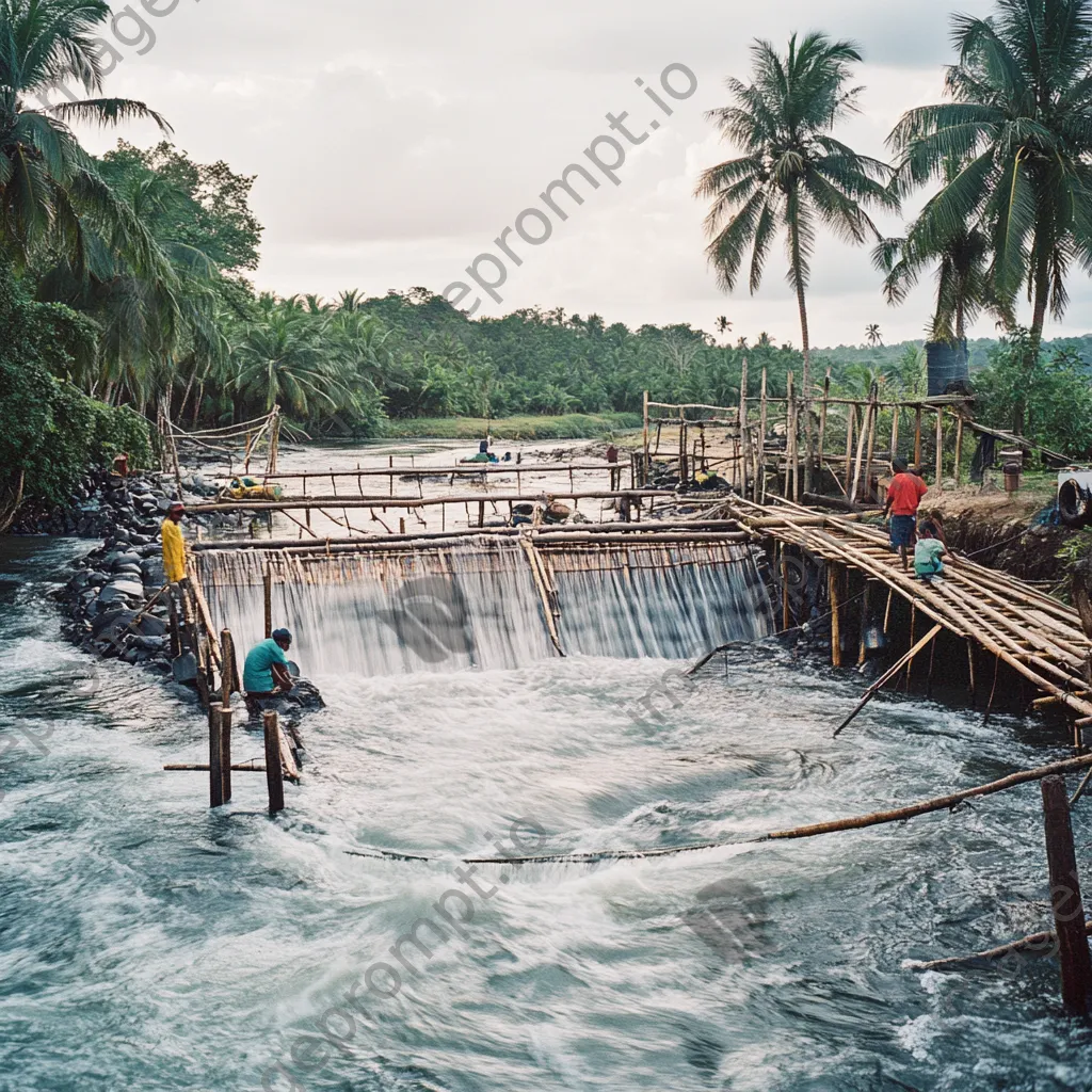 Fishermen using a traditional weir in a river - Image 4