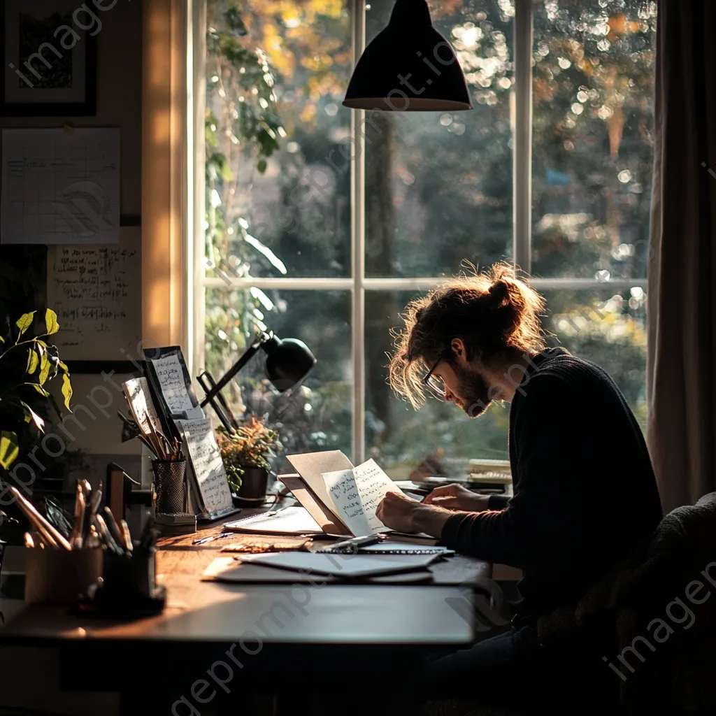 Freelancer organizing notes at a desk with window light - Image 1