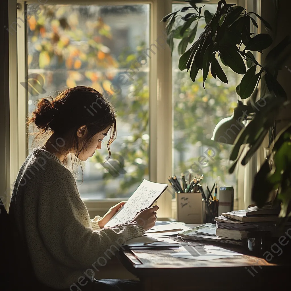 Freelancer organizing notes at a desk with window light - Image 2