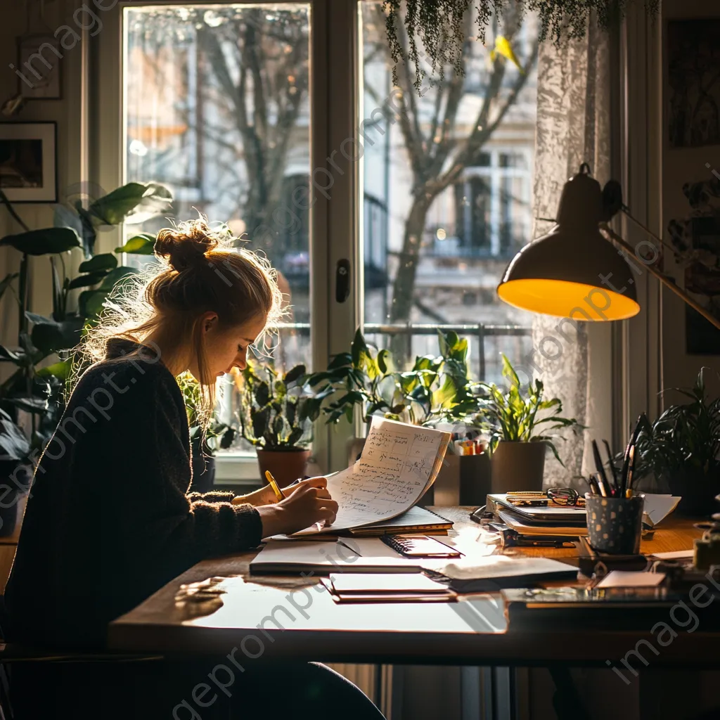 Freelancer organizing notes at a desk with window light - Image 3