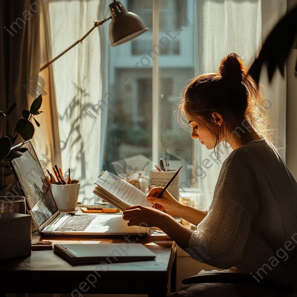 Freelancer organizing notes at a desk with window light - Image 4