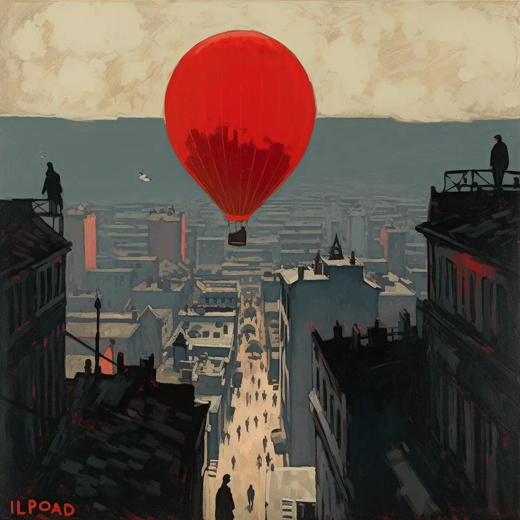 Vibrant red balloon soaring high above a monochrome cityscape - Image 1