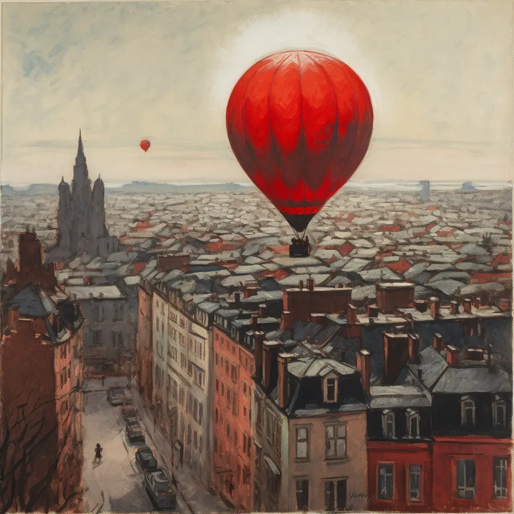 Vibrant red balloon soaring high above a monochrome cityscape - Image 2