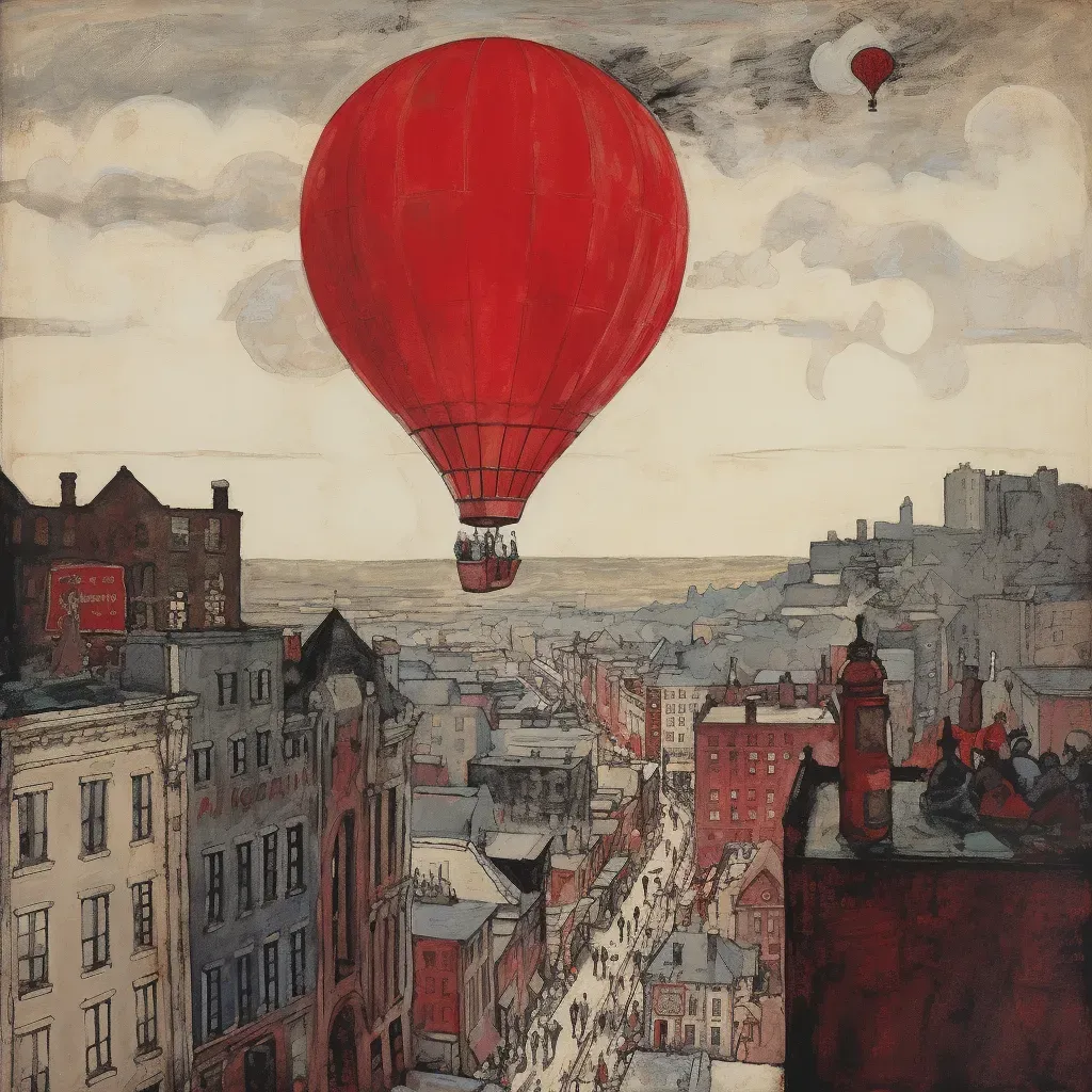 Vibrant red balloon soaring high above a monochrome cityscape - Image 4