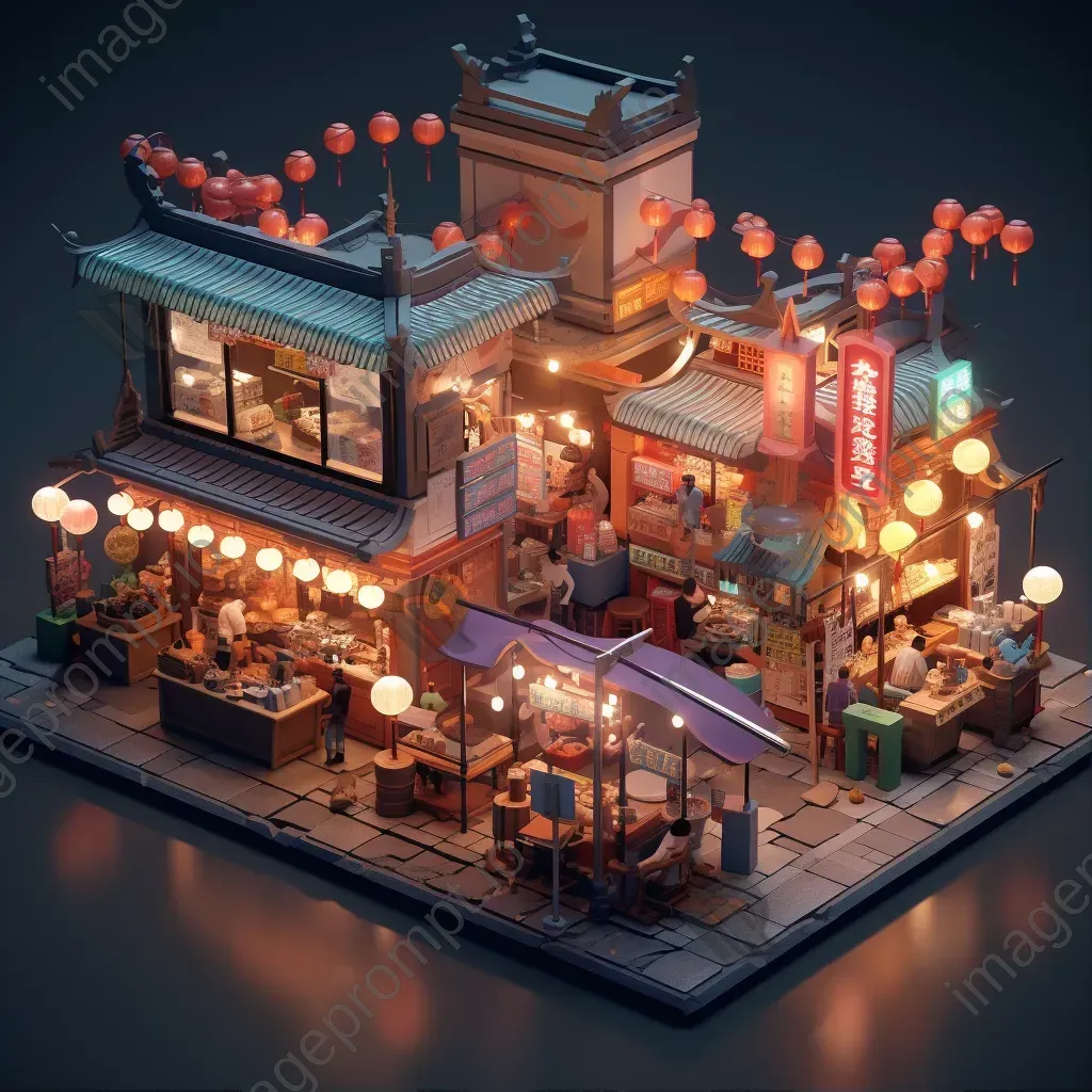 Isometric low poly night market bustling with activity - Image 1