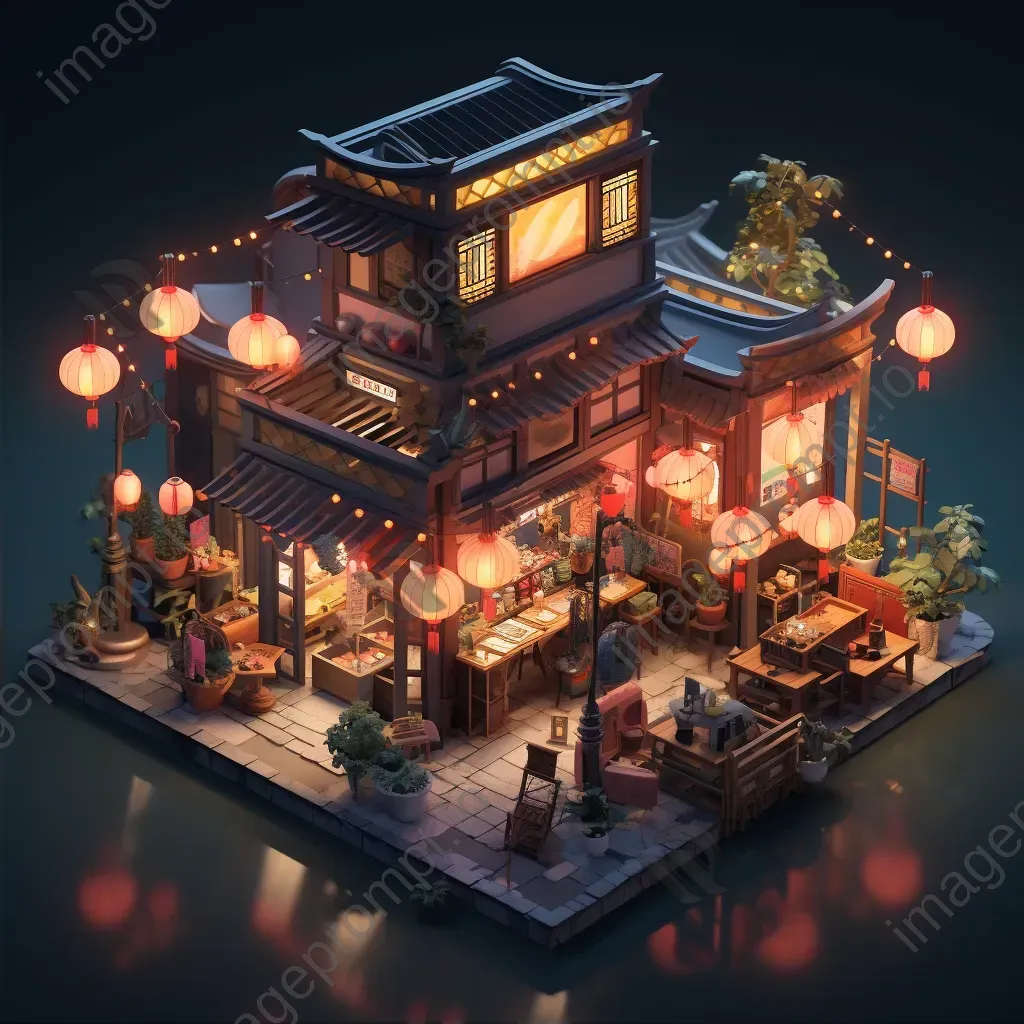 Isometric low poly night market bustling with activity - Image 2