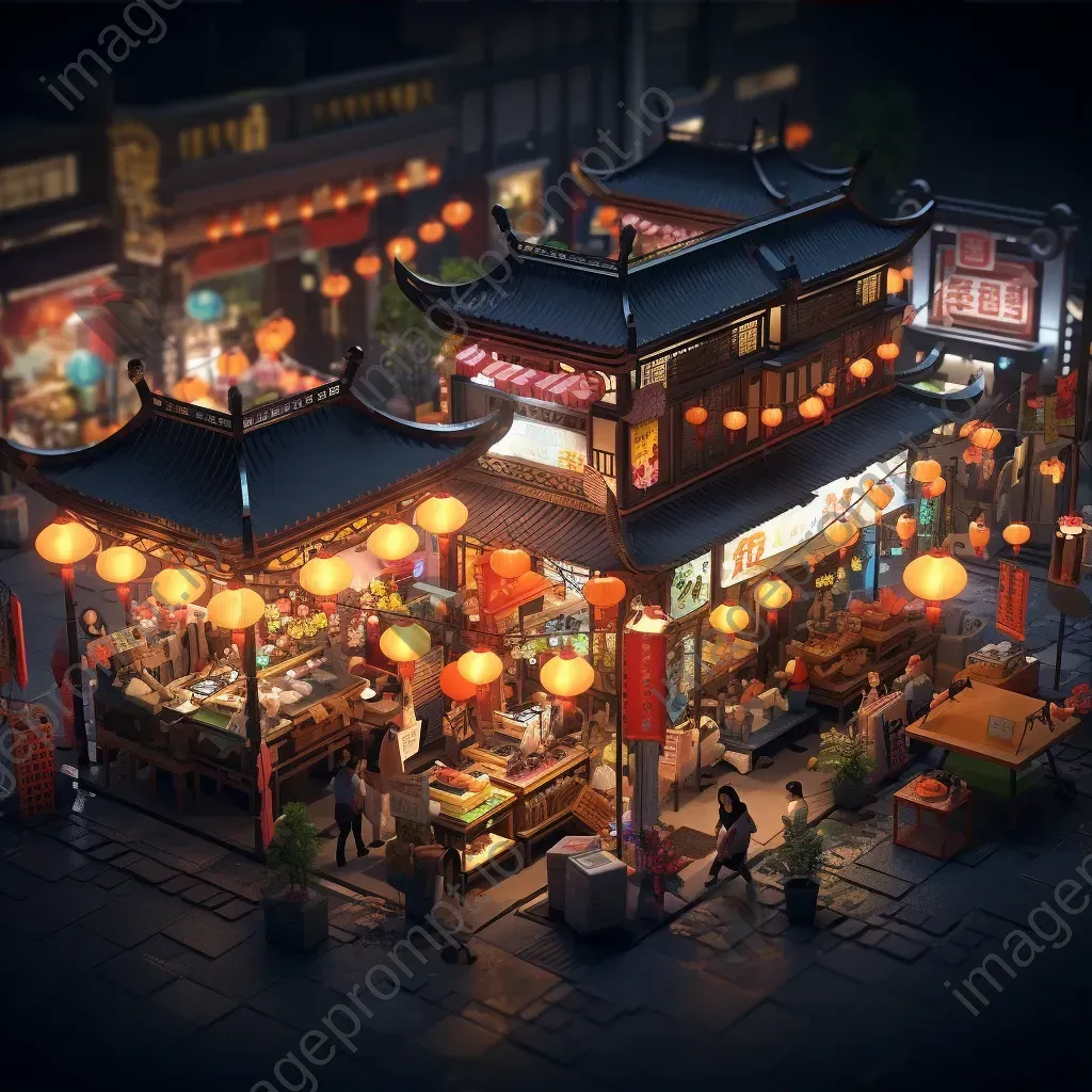 Isometric low poly night market bustling with activity - Image 3