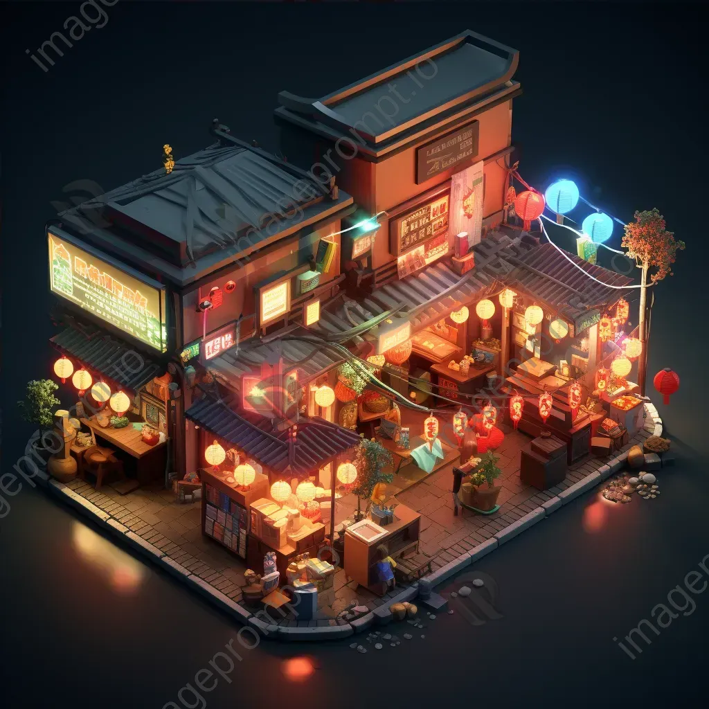 Isometric low poly night market bustling with activity - Image 4