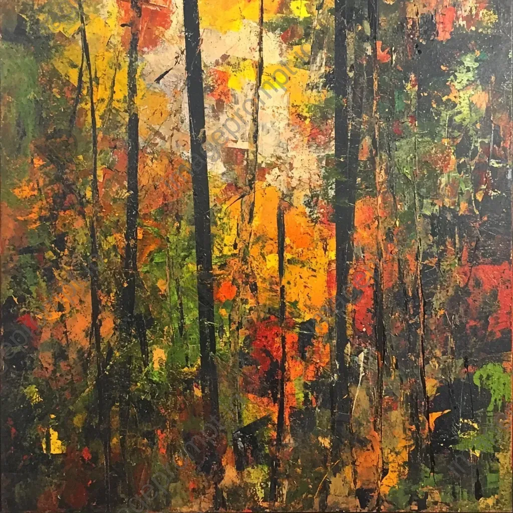 Mixed media acrylic art of an autumn transitioning deciduous forest - Image 2