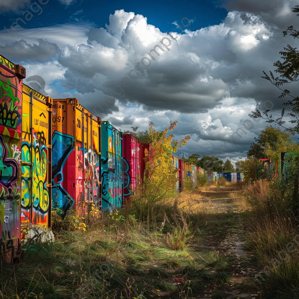 Abandoned shipping containers painted with graffiti against a cloudy sky - Image 1