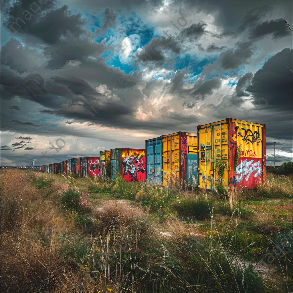 Abandoned shipping containers painted with graffiti against a cloudy sky - Image 2