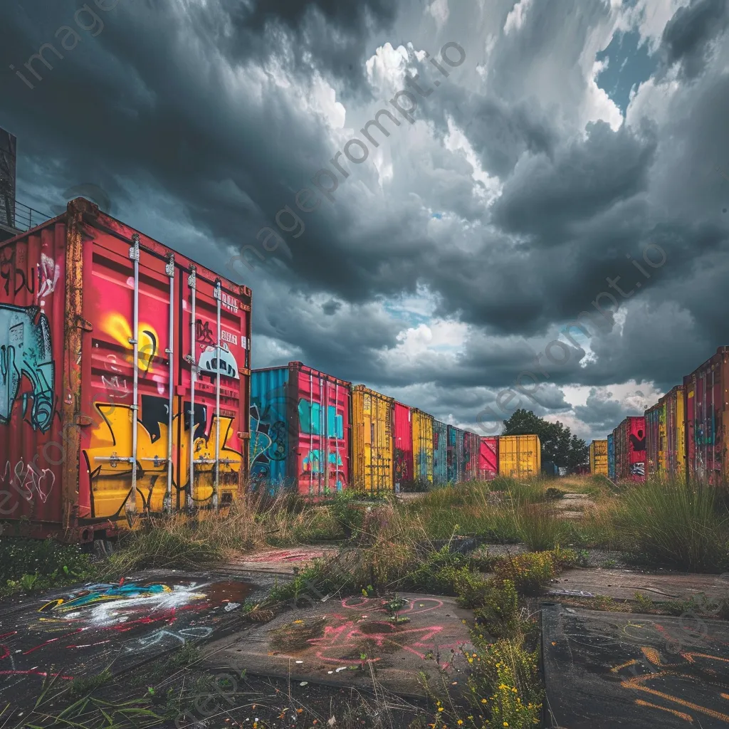 Abandoned shipping containers painted with graffiti against a cloudy sky - Image 3