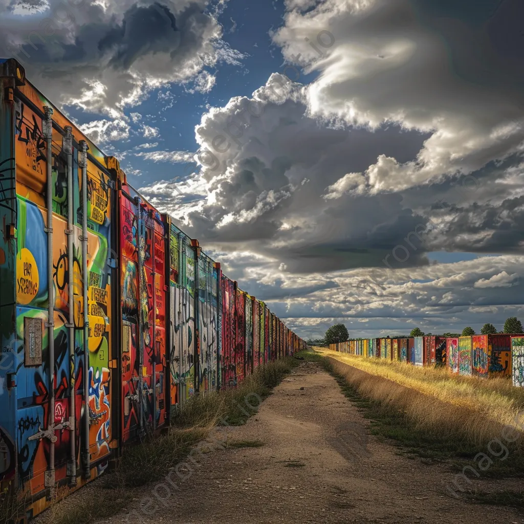 Abandoned shipping containers painted with graffiti against a cloudy sky - Image 4