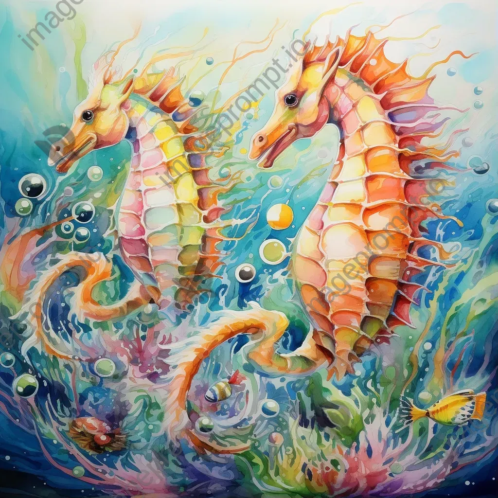 Aquatic rodeo scene with galloping seahorses in a vibrant coral reef - Image 1