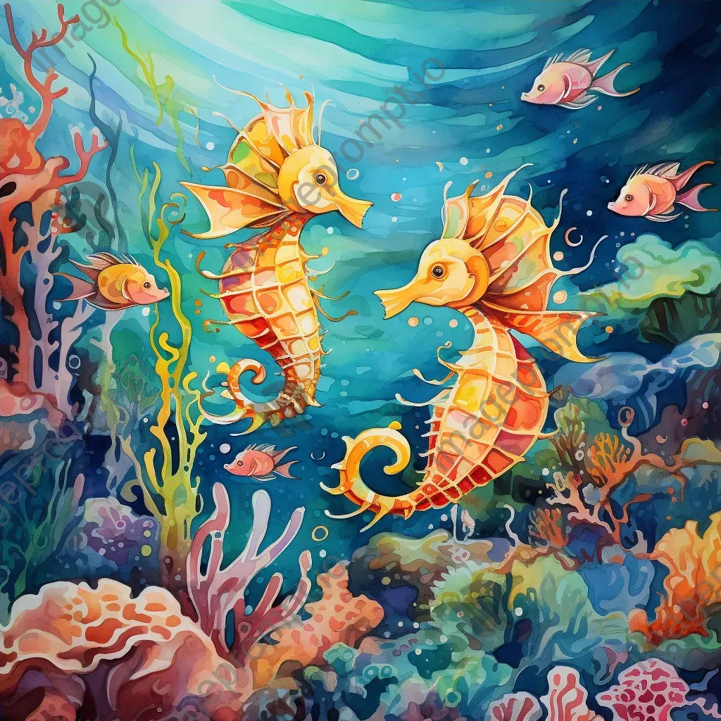 Aquatic rodeo scene with galloping seahorses in a vibrant coral reef - Image 4