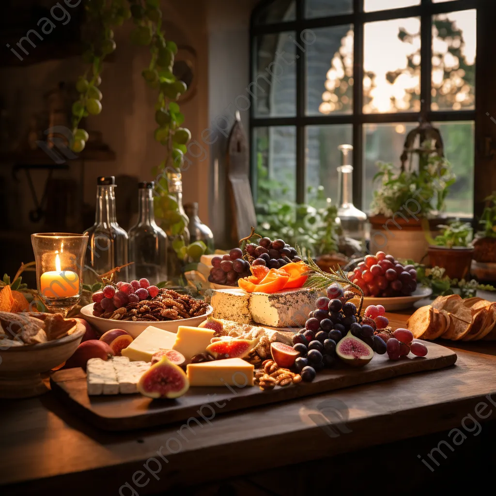 An artfully arranged charcuterie board with organic cheeses and fruits in a rustic kitchen. - Image 2