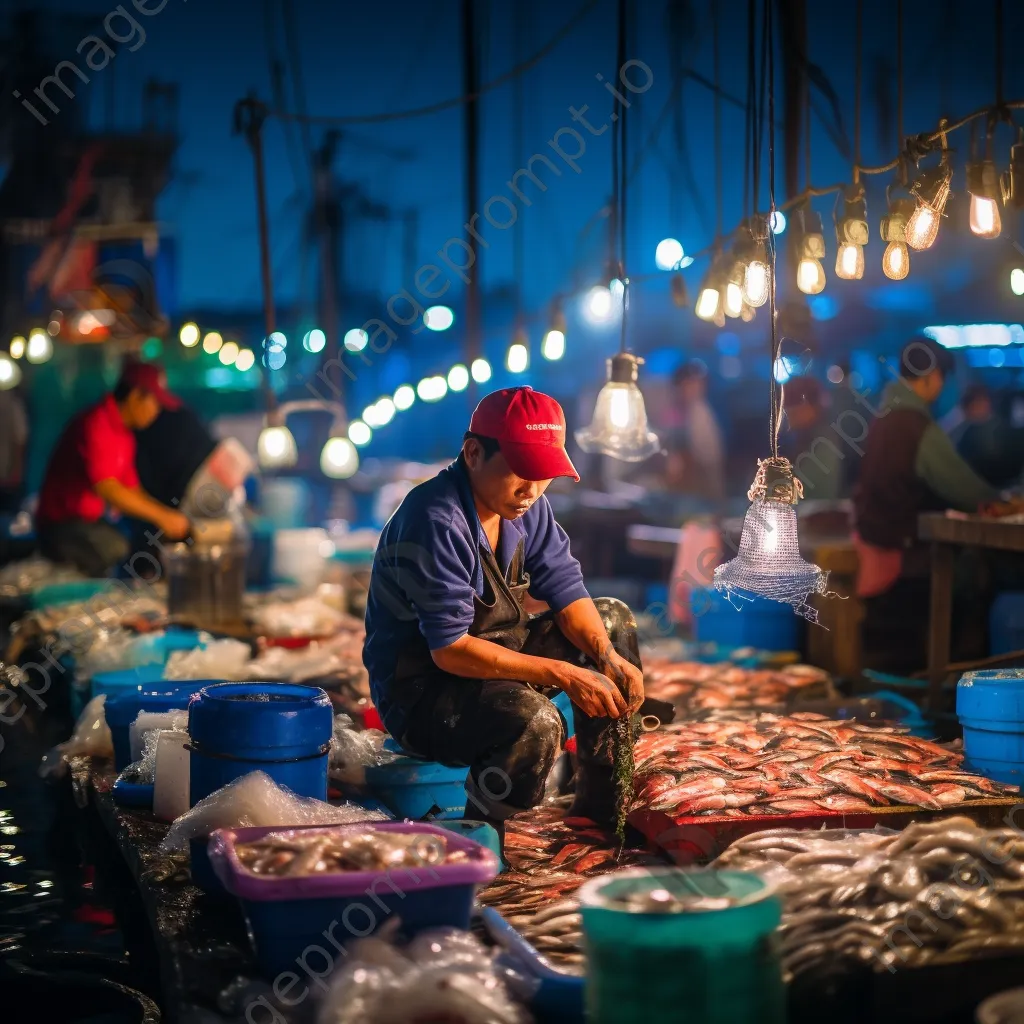 Fishermen sorting seafood at a lively harbor fish market. - Image 1