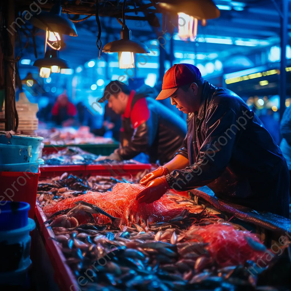 Fishermen sorting seafood at a lively harbor fish market. - Image 3