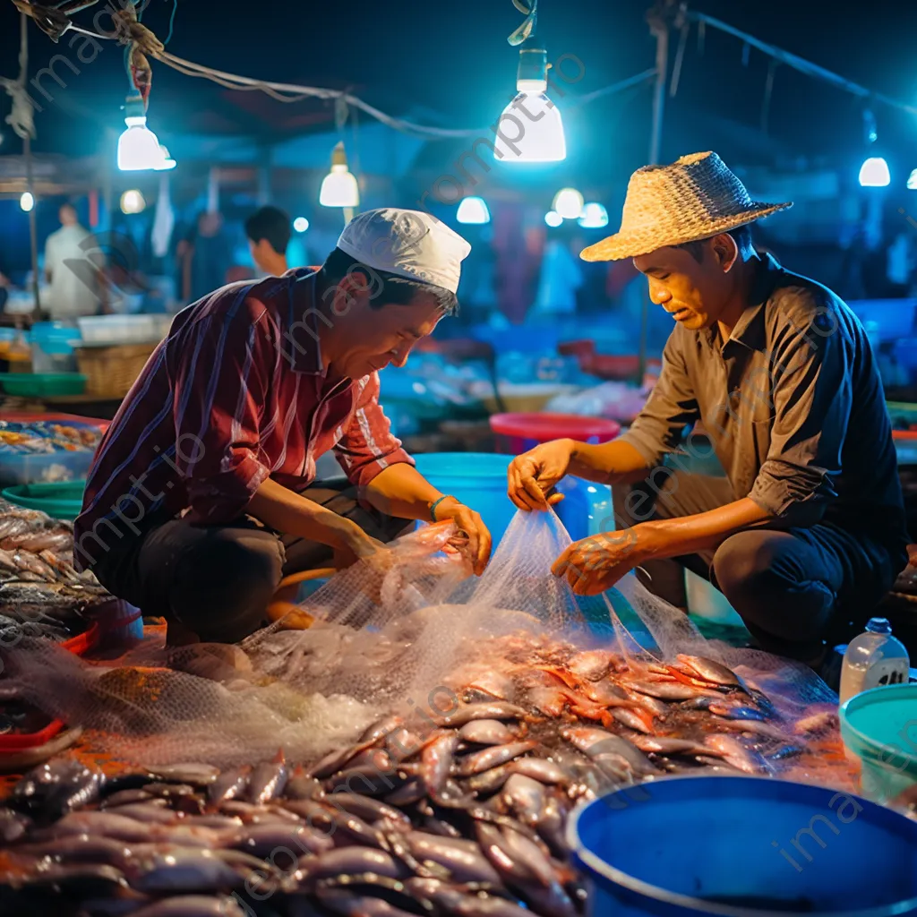 Fishermen sorting seafood at a lively harbor fish market. - Image 4