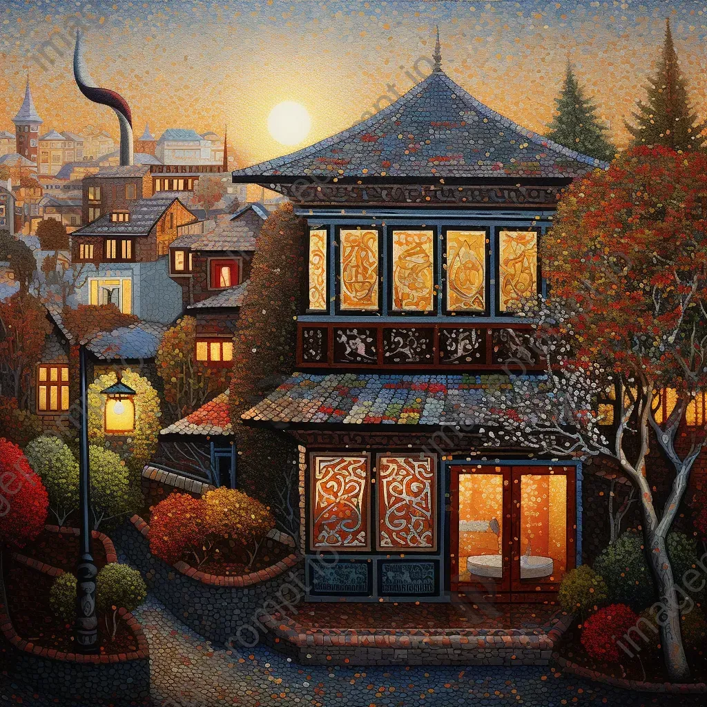 Pointillist painting of a Turkish tea house at dawn - Image 2